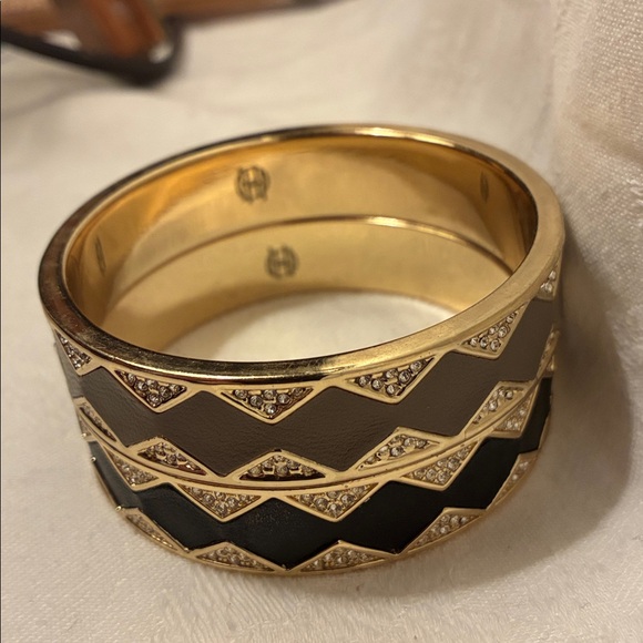 House of Harlow 1960 Bangles/ Bracelets Sunburst Nicole Richie Gold Pave/Leather - Picture 3 of 11